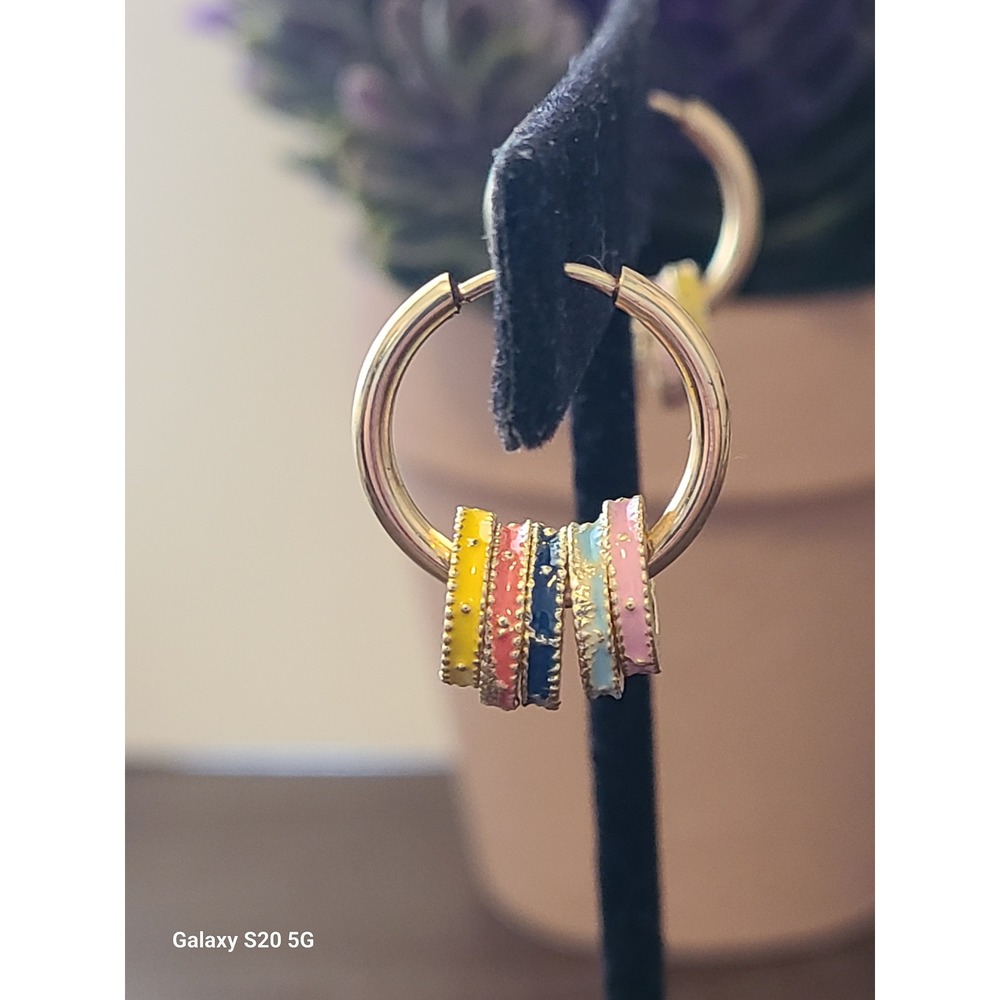 Gold Tone Rainbow Enamel‎ Charm Hoop Earrings Multicolor Beaded Edge Huggies
